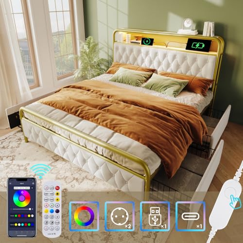 AONETIGER Polsterbett Doppelbett mit Aufladen USB Type C Ladefunktion APP-Control LED Bettgestell Metallbett 180×200 Bettrahmen und 4 Schubladen (White + Velvet + 140cm*200cmA3) von AONETIGER