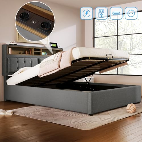 AONETIGER Polsterbett Doppelbett mit USB C Steckdose Ladefunktion Kopfteil,Stauraumbetten Bettgestell aus Leinenmaterial Jugendbett 160x200 mit lattenrost (QTGrey + Linen + 160cm*200cm) von AONETIGER