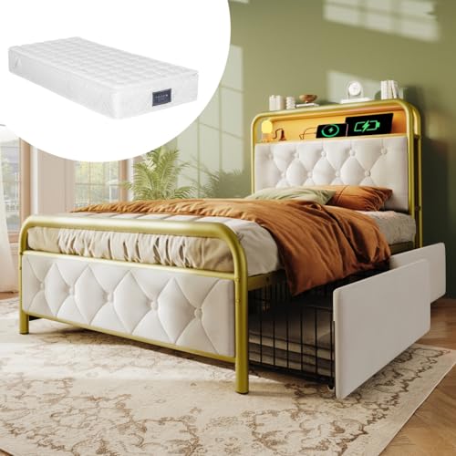 AONETIGER Polsterbett Einzelbett mit Aufladen USB Type C Ladefunktion APP-Control LED Bettgestell Metallbett 90×200 Bettrahmen und 2 Schubladen (White + Velvet + 90cm*200cm-1S9) von AONETIGER
