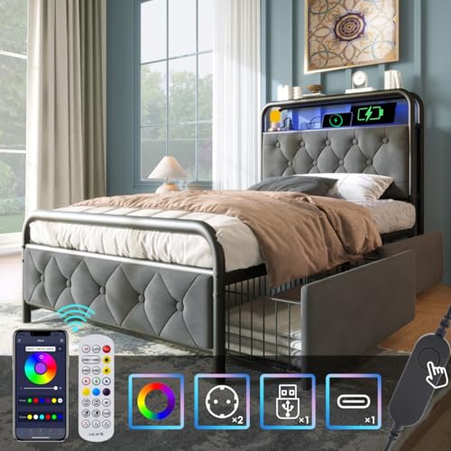 AONETIGER Polsterbett Einzelbett mit Aufladen USB Type C Ladefunktion APP-Control LED Bettgestell Metallbett 90×200CM Bettrahmen (Grey + Velvet + 90cm*200cmACC) von AONETIGER