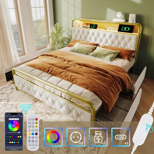 AONETIGER Polsterbett Einzelbett mit Aufladen USB Type C Ladefunktion APP-Control LED Bettgestell Metallbett 90×200CM Bettrahmen (White + Velvet + 140cm*200cmADD) von AONETIGER