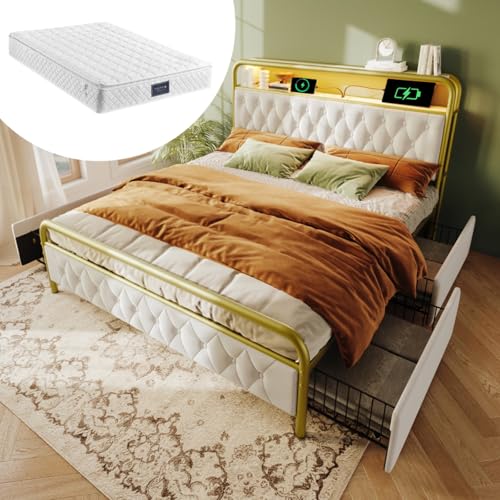 AONETIGER Polsterbett Einzelbett mit Aufladen USB Type C Ladefunktion APP-Control LED Bettgestell Metallbett 90×200CM Bettrahmen und 2 Schubladen (White + Velvet + 140cm*200cm-1D11) von AONETIGER