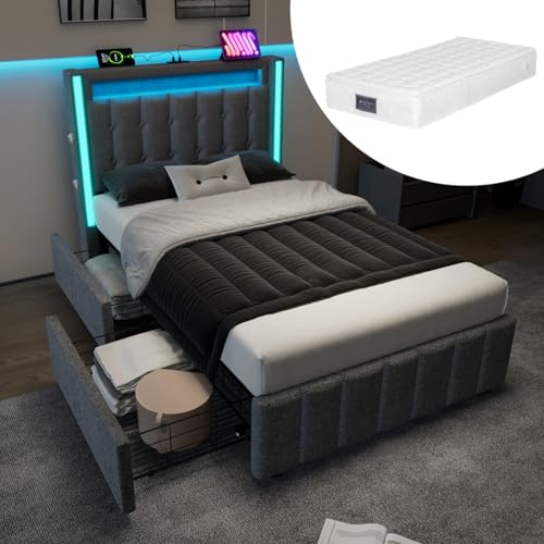 AONETIGER Polsterbett USB Typ C Ladefunktion LED-Beleuchtung und 2 Schubladen, Jugendbetten 90x200cm Einzelbett Stauraumbetten Bettgestell, Lattenrost aus Holz (Grey + Linen + 90cm*200cm-1) von AONETIGER
