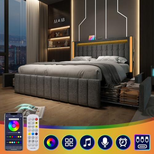 AONETIGER Polsterbett USB Typ C Ladefunktion LED-Beleuchtung und 4 Schubladen, Jugendbetten 160x200cm Doppelbett Stauraumbetten Bettgestell, Lattenrost aus Holz (Grey + Linen + 160cm*200cm) von AONETIGER