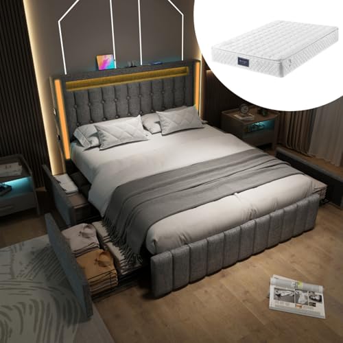 AONETIGER Polsterbett USB Typ C Ladefunktion LED-Beleuchtung und 4 Schubladen, Jugendbetten 160x200cm Doppelbett Stauraumbetten Bettgestell, Lattenrost aus Holz (Grey + Linen + 160cm*200cm-1) von AONETIGER
