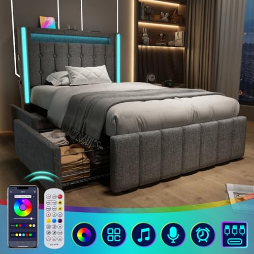 AONETIGER Polsterbett USB Typ C Ladefunktion LED-Beleuchtung und 4 Schubladen, Jugendbetten 160x200cm Doppelbett Stauraumbetten Bettgestell, Lattenrost aus Holz (Grey + Linen + 90cm*200cm) von AONETIGER