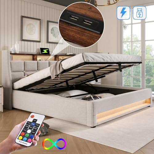 AONETIGER Polsterbett mit USB 160x200cm,LED Doppelbett mit Lattenrost aus Metallrahmen,Bettgestell aus Leinenmaterial Jugendbett (CBeige + Linen + 180cm*200cm) von AONETIGER