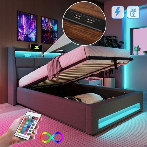 AONETIGER Polsterbett mit USB 160x200cm,LED Doppelbett mit Lattenrost aus Metallrahmen,Bettgestell aus Leinenmaterial Jugendbett (Gray + Linen + 90cm*200cm) von AONETIGER
