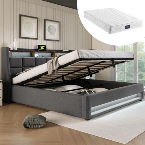AONETIGER Polsterbett mit USB 160x200cm,LED Doppelbett mit Lattenrost aus Metallrahmen,Bettgestell aus Leinenmaterial Jugendbett (Grey + Linen + 140cm*200cm-1) von AONETIGER