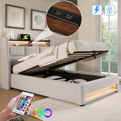 AONETIGER Polsterbett mit USB 160x200cm,LED Doppelbett mit Lattenrost aus Metallrahmen,Bettgestell aus Leinenmaterial Jugendbett (MBeige + Linen + 90cm*200cm) von AONETIGER