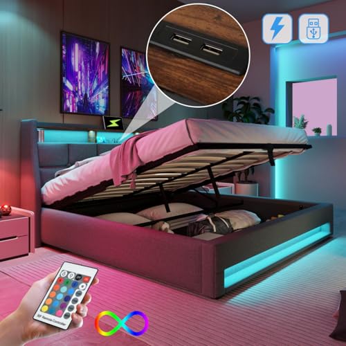 AONETIGER Polsterbett mit USB 160x200cm,LED Doppelbett mit Lattenrost aus Metallrahmen,Bettgestell aus Leinenmaterial Jugendbett (XGrey + Linen + 140cm*200cm) von AONETIGER