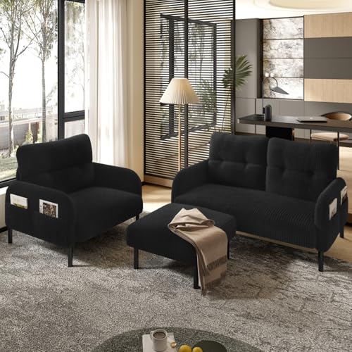 AONETIGER Premium Cord-Stoff Hocker mit Metallgestell Superweicher Veloursbezug für ultimativen Komfort Vielseitig als Fußbank, Sitzhocker oder Beistelltisch nutzbar (Black + Cord + 4 Seat + Foam) von AONETIGER