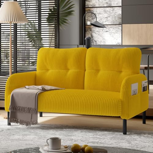 AONETIGER Premium Cord-Stoff Hocker mit Metallgestell Superweicher Veloursbezug für ultimativen Komfort Vielseitig als Fußbank, Sitzhocker oder Beistelltisch nutzbar (Yellow + Cord + Foam + 2 Seat) von AONETIGER