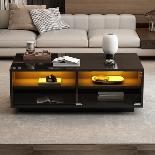 AONETIGER Schwarzer Hochglanz-LED-Couchtisch, Sofatisch aus gehärtetem Glas mit 2 Schubladen, Aufbewahrungstisch mit Vitrinentür für das Wohnzimmer, Die Gesamttragfähigkeit beträgt 30 kg von AONETIGER