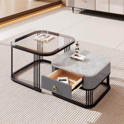 AONETIGER Stapelbarer Couchtisch: Hochglänzende Marmoroptik, goldene Akzente, Beistelltisch mit Schubladen. zweiteiliges Set (Black + MDF) von AONETIGER