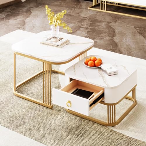 AONETIGER Stapelbarer Couchtisch: Hochglänzende Marmoroptik, goldene Akzente, Beistelltisch mit Schubladen. zweiteiliges Set (White + MDF) von AONETIGER