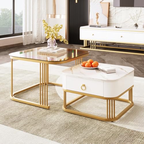 AONETIGER Stapelbarer Couchtisch: Hochglänzende Marmoroptik, goldene Akzente, Beistelltisch mit Schubladen. zweiteiliges Set (White + MDF-1) von AONETIGER