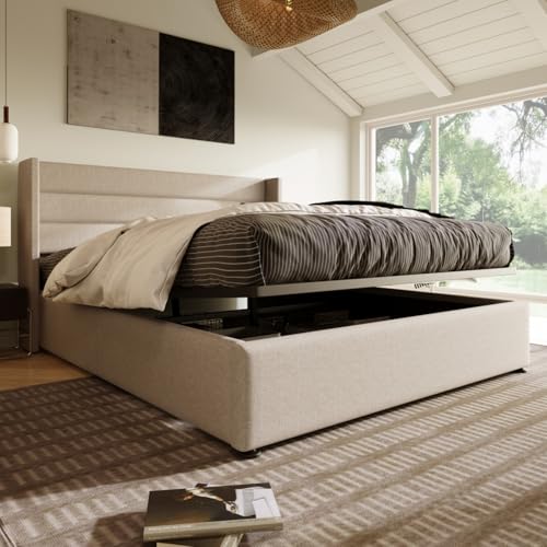 AONETIGER Stauraumbett Polsterbett Hydraulisch Doppelbett 140x200cm, Inklusive Matratze, Lattenrost aus Holz, Bett mit Lattenrost aus Metallrahmen (Beige + Linen + 140cm*200cm) von AONETIGER