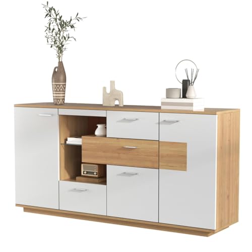 AONETIGER TV-Schrank mit Einer Schublade DREI Türen Zwei offene Fächer mit Glas TV-Möbel TV-Board TV-Lowboard Feinstruktur Schwarze und natürliche Holzfarben 15 Variable LED-Leuchten (Natural + MDF) von AONETIGER