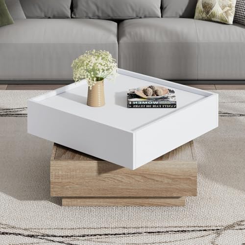AONETIGER Weißer quadratischer Hochglanz-Couchtisch mit drehbarer Platte - Moderner Techno-Stil mit 16-farbigem LED-Licht, 70x70x36 cm (Natural Walnut + White + Particle Board) von AONETIGER