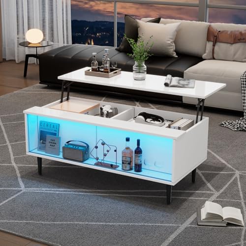 AONETIGER couchtisch Höhenverstellbarer Kaffeetisch mit Verstecktem Stauraum, wohnzimmertisch Mit LED-Licht,Sofatisch mit Stauraum und Ausstellungsfläche aus gehärtetem Glas, Weiß Mit 4 Beinen von AONETIGER
