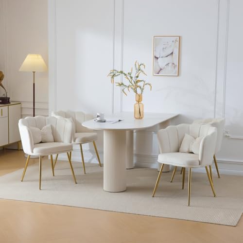 AONETIGER modernen Samt-Wohnzimmerstühlen, Badezimmerstühlen, gepolsterten Stühlen mit Blütenblatt-Rücken und Schmetterlingskissen für das Schlafzimmer-Esszimmer (Beige + Velvet-2) von AONETIGER