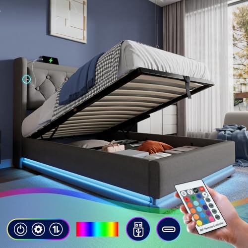 Polsterbett Doppelbett 140 * 200 cm,Grau Baumwolle-Material Hydraulisches Stauraumbett, gepolstertes Kopfteil mit USB Typ-C Ladefunktion, 3-seitige LED-Funktion (ZGGrey + Cotton + 90cm*200cm) von AONETIGER