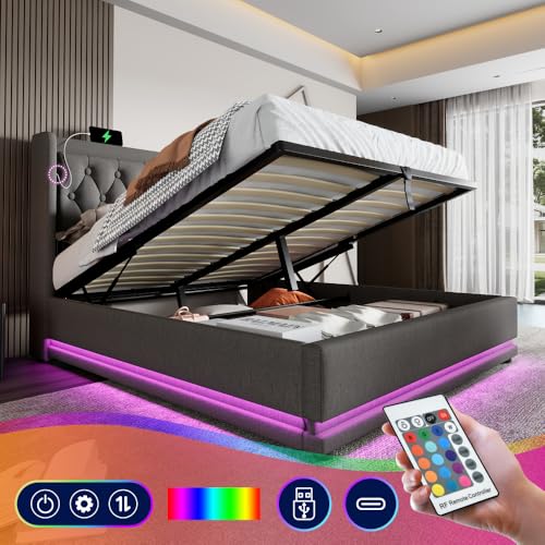 Polsterbett Doppelbett 140 * 200 cm,Grau Baumwolle-Material Hydraulisches Stauraumbett, gepolstertes Kopfteil mit USB Typ-C Ladefunktion, 3-seitige LED-Funktion (ZHGrey + Cotton + 140cm*200cm) von AONETIGER
