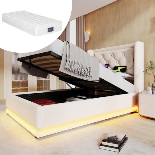 Polsterbett Doppelbett 140 * 200 cm,Grau Baumwolle-Material Hydraulisches Stauraumbett, gepolstertes Kopfteil mit USB Typ-C Ladefunktion, 3-seitige LED-Funktion (ZLBeige + Cotton + 90cm*200cm-1) von AONETIGER