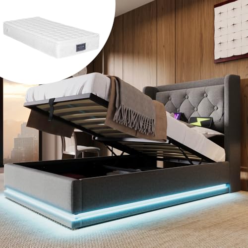 Polsterbett Doppelbett 140 * 200 cm,Grau Baumwolle-Material Hydraulisches Stauraumbett, gepolstertes Kopfteil mit USB Typ-C Ladefunktion, 3-seitige LED-Funktion (ZVGrey + Cotton + 90cm*200cm-1) von AONETIGER
