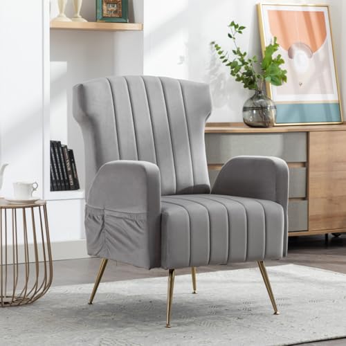 Samt Wingback dekorativen Stuhl mit Metallic Gold Beinen, gepolsterte Sessel, Side Chair, Casual Single Sofa, Wohnzimmer Schlafzimmer Büro Lesesessel weich und bequem (Gray + Velvet + Foam) von AONETIGER