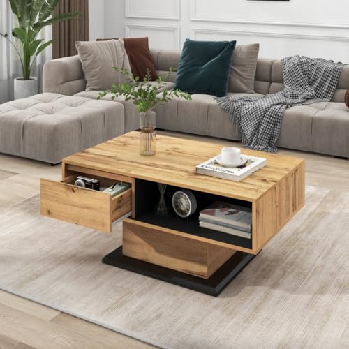 TV-Schrank mit einer Schublade drei Türen zwei offene Fächer mit Glas TV-Möbel TV-Board TV-Lowboard Feinstruktur Schwarze und natürliche Holzfarben 15 variable LED-Leuchten (Natural + Particle Board) von AONETIGER