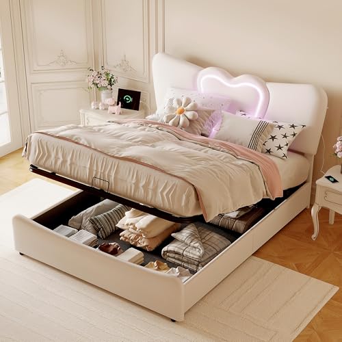 AONYAYBM Bett mit Bettkasten, 160 x 200 cm mit Lattenrost, hydraulisch gepolstertes Doppelbett mit USB-Ladeanschluss, Doppelbett mit Stauraum und LED, Kopfteil höhenverstellbar (Samt beige) von AONYAYBM