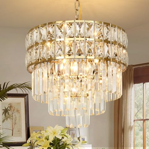 AOOCHOK Modern Crystal Chandelier Gold Pendant, Round Crystal Light Fixture Hanging Lamp, for Dining Room, Restaurant, Hallway, Balcony, Φ40cm von AOOCHOK