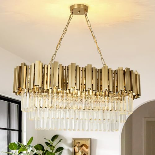 AOOCHOK Modern Kristall Kronleuchter Gold Pendelleuchte, Oval Kristall Hängeleuchte, Häengelampe für Wohnzimmer, Esszimmer,Schlafzimmer, Restaurant, E14 x 8, 80x35cm von AOOCHOK