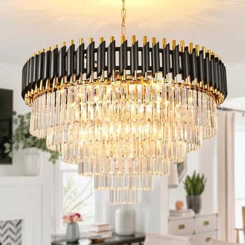 AOOCHOK Schwarzer und Gold Kristall Kronleuchter Pendelleuchte, Rund Modern Kristall Kronleuchter für Wohnzimmer, Esszimmer, Schlafzimmer, Kücheninsel, Φ80cm von AOOCHOK