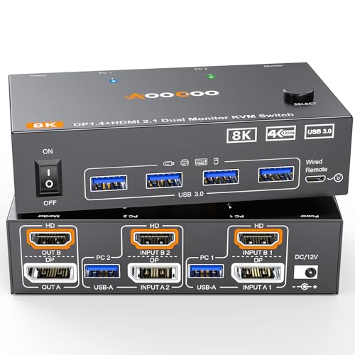 8K@60Hz Displayport HDMI KVM Switch 2 PC 2 Monitore 4K@144Hz USB 3.0 KVM Switch mit USB 3.0-Kabeln Kabelgebundener Controller (8K Dual Monitor KVM) von AOOCOO
