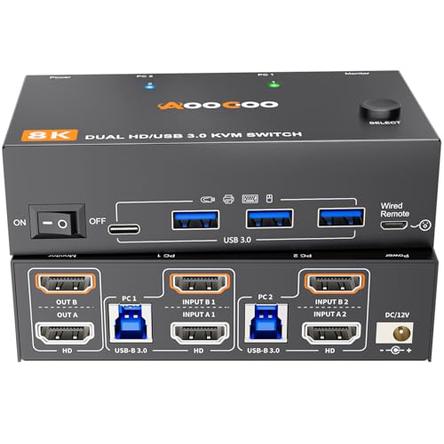 8K60Hz HDMI KVM Switch 2 PC 2 Monitore 4K120Hz USB 3.0 KVM Switches mit 4 USB Anschlüssen für zwei Computer Dual-Monitor,Kabelfernbedienung und USB-Kabel im Lieferumfang enthalten 8K60Hz HDMI KVM Switch 2 PC 2 Monitore 4K120Hz USB 3.0 KVM Switches mit 4 USB Anschlüssen für zwei Computer Dual-Monitor,Kabelfernbedienung und USB-Kabel im Lieferumfang enthalten von AOOCOO
