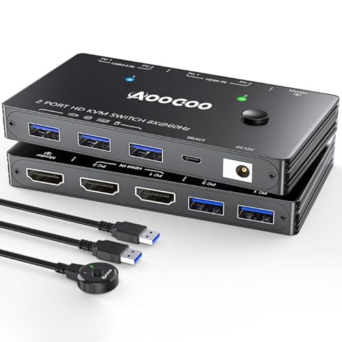 HDMI 2.1 KVM Switch 8K@60Hz, KVM Switch für 2 PC und 1 Monitor mit USB 3.0Anschluss, Kabelfernbedienung, USB 3.0 Kabel im Lieferumfang enthalten von AOOCOO
