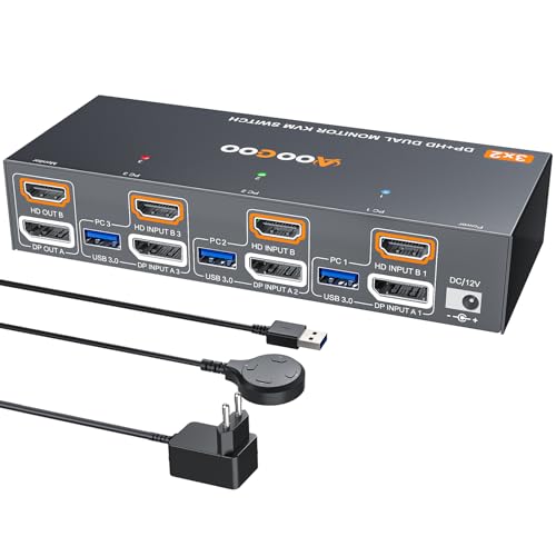 HDMI DP KVM Switch 8K@60Hz, Dual Monitore KVM Switches für 3 PC und 2 Monitor mit 4 USB 3.0 Häfen, Kabelfernbedienung, USB Kabel im Lieferumfang, Netzteil von AOOCOO