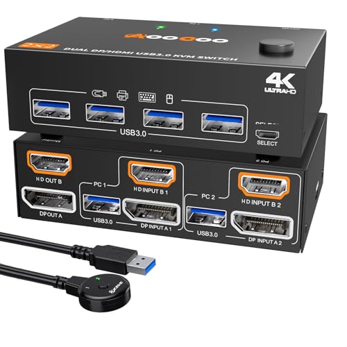 HDMI Displayport KVM Switch 2 PC 2 Monitore 4K@60Hz/2K@120Hz KVM Switches kabelgebundener Fernbedienung USB3.0 Kabel im Lieferumfang enthalte von AOOCOO