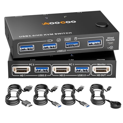 HDMI KVM Switch 4K@60Hz, KVM Switch für 2 PC und 1 Monitor mit EDID-Simulator, 4 USB 3.0Anschluss, Kabelfernbedienung, USB 3.0 Kabel im Lieferumfang HDMI KVM Switch 4K@60Hz, KVM Switch für 2 PC und 1 Monitor mit EDID-Simulator, 4 USB 3.0Anschluss, Kabelfernbedienung, USB 3.0 Kabel im Lieferumfang von AOOCOO