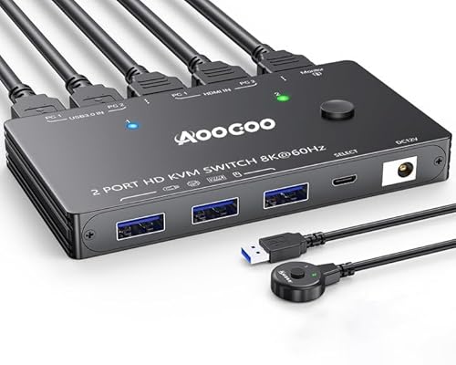 KVM Switch 2 Computer 1 Monitore 8K@60Hz/4K@120 Hz HDMI KVM Switches kabelgebundener Fernbedienung, Netzteil und USB3.0 Kabel im Lieferumfang enthalte KVM Switch 2 Computer 1 Monitore 8K@60Hz/4K@120 Hz HDMI KVM Switches kabelgebundener Fernbedienung, Netzteil und USB3.0 Kabel im Lieferumfang enthalte von AOOCOO