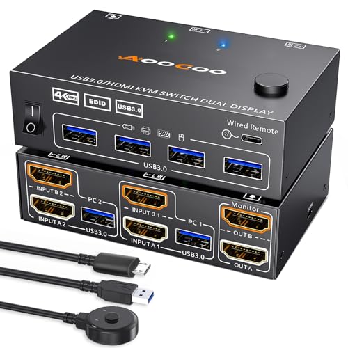 KVM Switch 2 Monitore 2 PC 4K@60Hz 2K@120Hz,Dual Monitore HDMI KVM Switches Mit EDID Funktion kabelgebundener Fernbedienung, Netzteil und USB3.0 Kabel im Lieferumfang enthalten KVM Switch 2 Monitore 2 PC 4K@60Hz 2K@120Hz,Dual Monitore HDMI KVM Switches Mit EDID Funktion kabelgebundener Fernbedienung, Netzteil und USB3.0 Kabel im Lieferumfang enthalten von AOOCOO