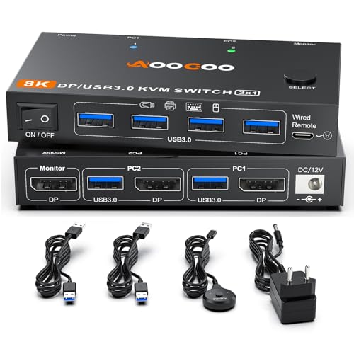 KVM Switch 2 PC 1 Monitore 8K@60Hz/4K@240Hz DP1.4 KVM Switches,2 in 1 out Displayport KVM mit Netzteil und USB3.0-Kabel im Lieferumfang enthalten KVM Switch 2 PC 1 Monitore 8K@60Hz/4K@240Hz DP1.4 KVM Switches,2 in 1 out Displayport KVM mit Netzteil und USB3.0-Kabel im Lieferumfang enthalten von AOOCOO