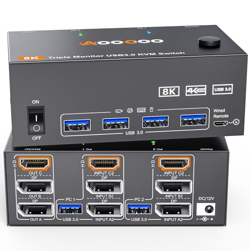 KVM Switch 3 Monitore 2 Computer 4K@144Hz 8K@60Hz, Displayport + HDMI USB3.0 KVM Switches mit 4 USB 3.0 Anschlüssen, kabelgebundener Fernbedienung, Netzteil und USB3.0 Kabel im Lieferumfang enthalten von AOOCOO