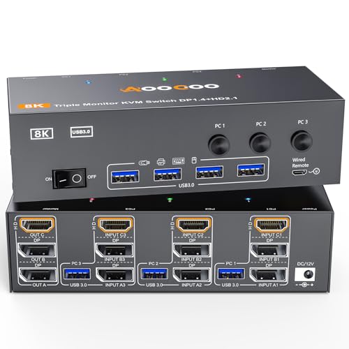 KVM Switch 3 Monitore 3 Computer 4K@144Hz 8K@60Hz, Displayport + HDMI USB3.0 KVM-Switches mit 4 USB 3.0 Anschlüssen, kabelgebundener Fernbedienung, Netzteil und USB3.0 Kabel im Lieferumfang enthalten von AOOCOO
