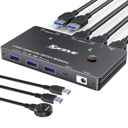 KVM Switch 8K@60Hz/4K@120Hz für 2 Computer, die sich 1 Monitor und 3 USB3.0-Geräte teilen, Kabelfernbedienung und USB-Kabel im Lieferumfang enthalten von AOOCOO