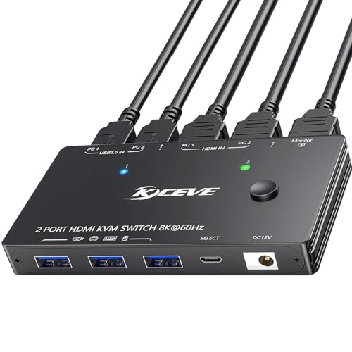KVM Switch HDMI 8K@60Hz, HDMI KVM Switch für 2 Computer, die sich 1 Monitore und 3 USB3.0-Geräte teilen,Kabelfernbedienung und USB-Kabel im Lieferumfang enthalten von AOOCOO
