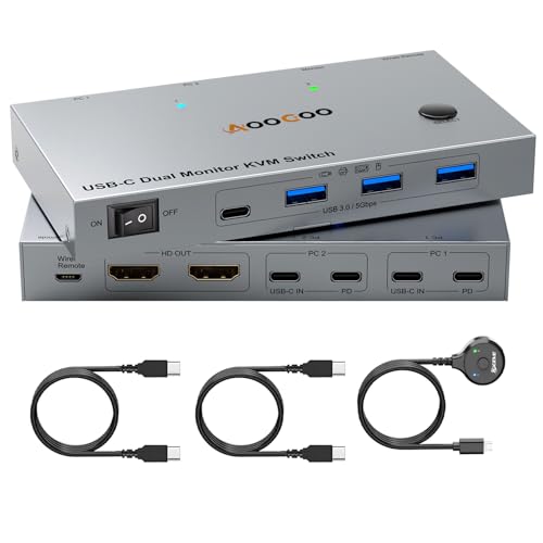 USB C KVM Switch 4K@60Hz, Dual MonitoreKVM Switches für 2 Laptops mit 4 USB 3.0 Häfen, PD Stromversorgung für Laptop, Kabelfernbedienung, USB Kabel im Lieferumfang enthalten von AOOCOO